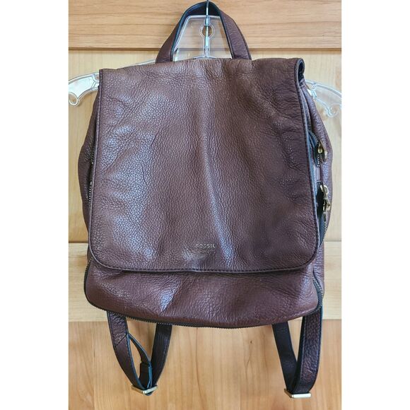 Fossil Brown Leather Backpack Satchel Purse Handbag Pebbled Minimalist Minimal - Picture 1 of 9